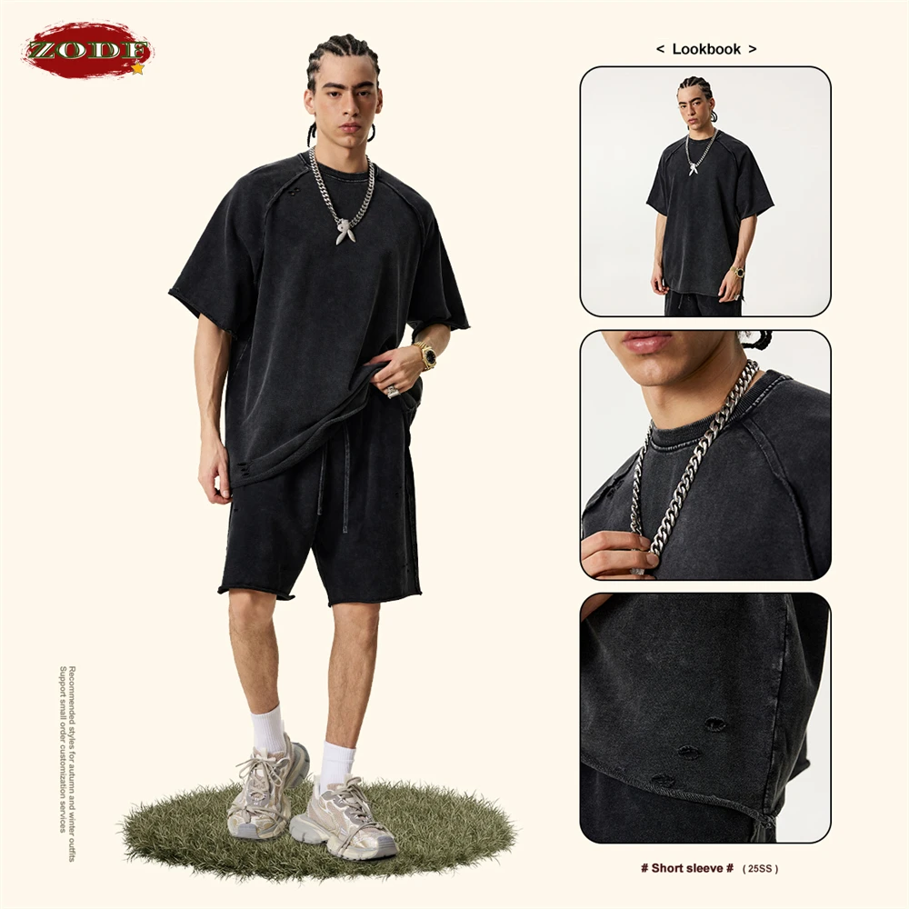 ZODF 2025 Men Summer Heavy Weight Washed 330gsm Cotton T-shirt Unisex High Street Distressed Holes Oversized T Shirts Tee HY0984 view 4