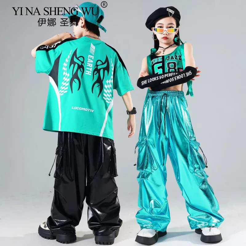 Boys Hip Hop Green T-shirt Shiny PU Leather Cargo Pants Girls Crop Top Kids Street Dance Streetwear Children Jazz Clothes Sets