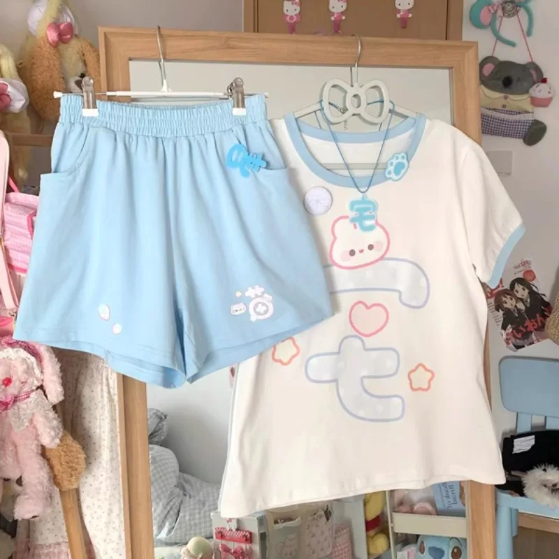 Japanisches Original süßes verwirrtes Bärenhaus, süßer Druck, reine Baumwolle, kurzärmeliges, lockeres Sport-T-Shirt mit Shorts, Anzug für Damen