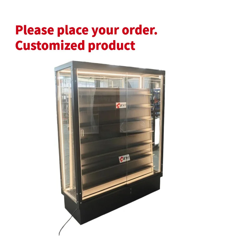 custom.Eco-Friendly Modern Metal Card Display Rack Sliding Lock Door Double-Sided Design Adjustable Shelves Customizable LED Lig