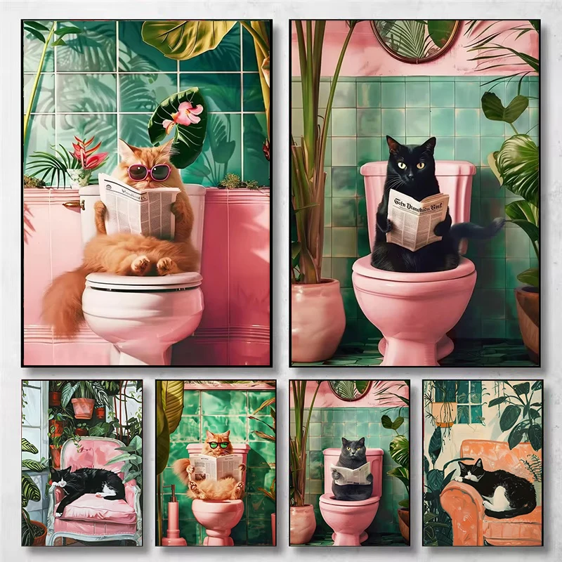 Divertido gato en el baño, arte de pared, lectura de gato, periódico, carteles en lienzo, imagen impresa para el hogar, baño