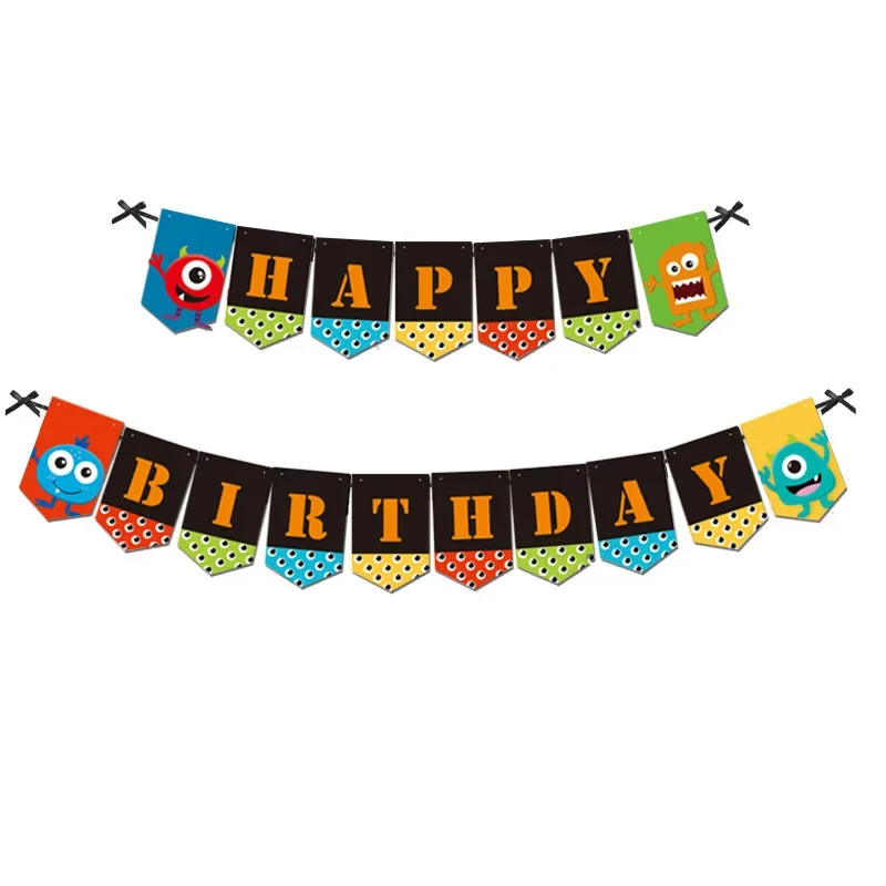 Monster Themed Party Decoration Swirl Hanging Happy Birthday Banner Cake Topper for Kids Birthday Baby Shower Party Supplies