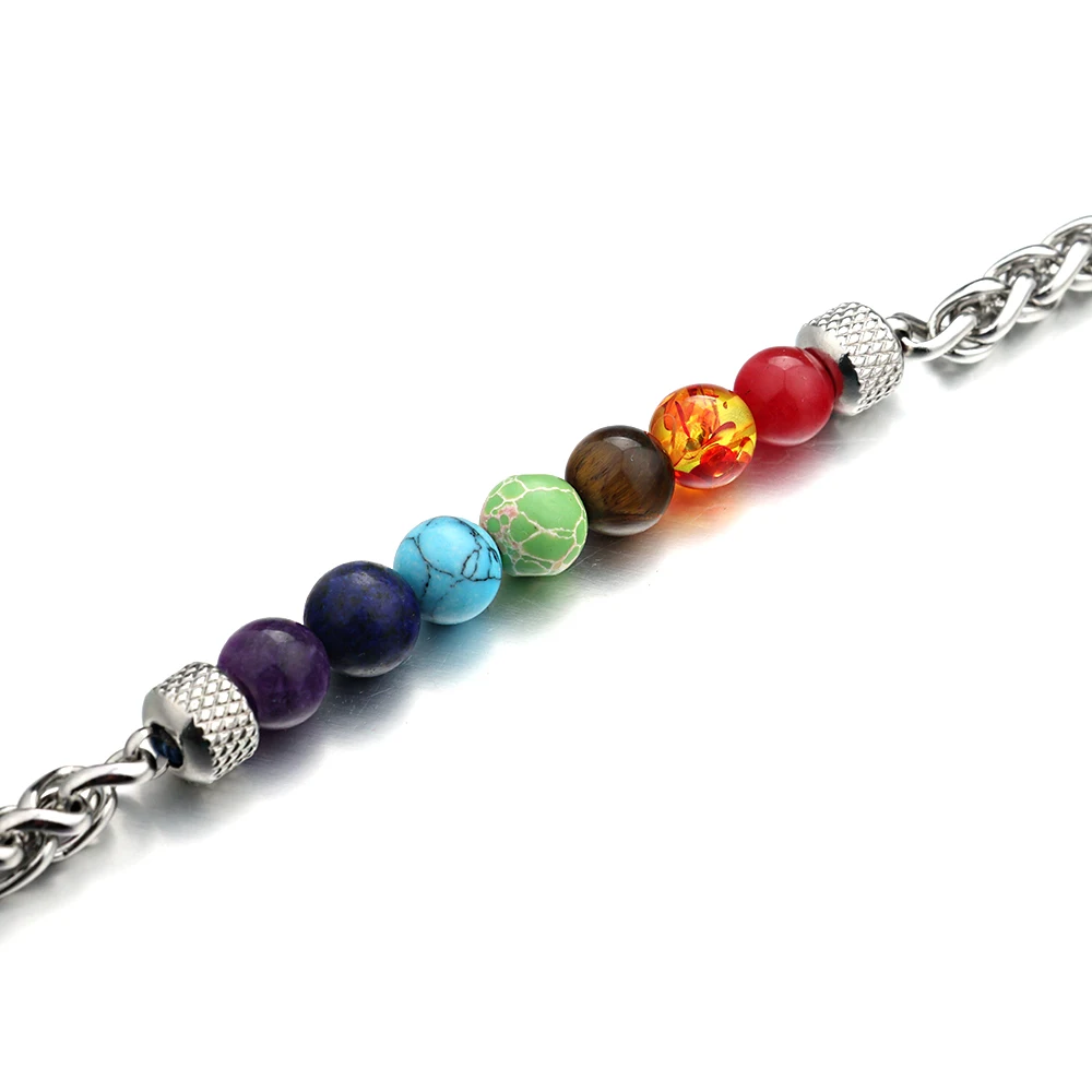 1pc 7 Colorful Chakra Stone Stainless Steel Chain Adjustable Men Women Yoga Energy Bracelet Gift For Good Friend