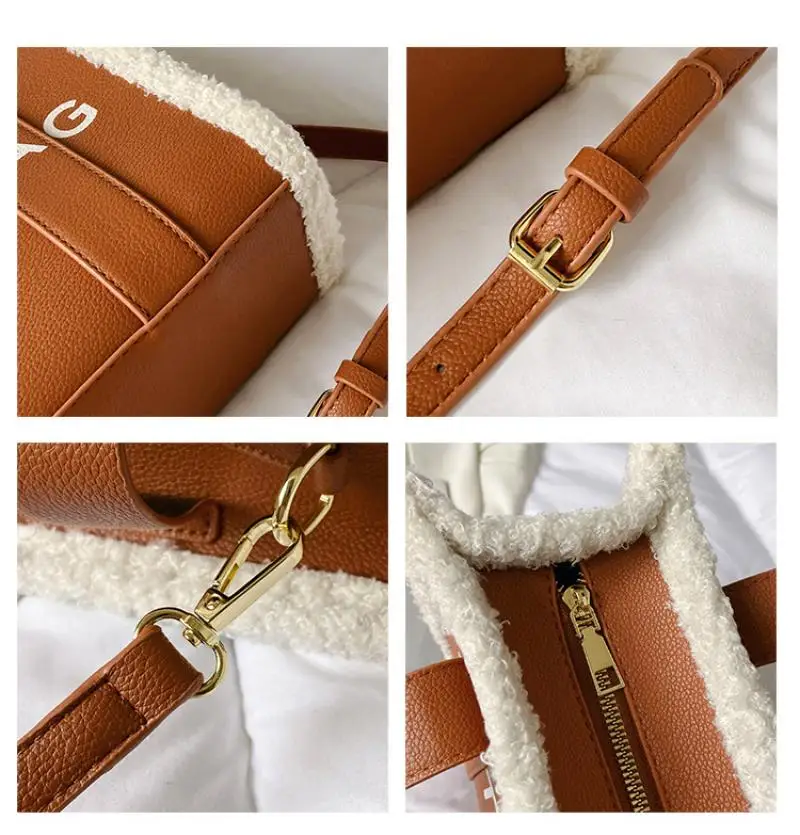 Bolso de mano grande con letras de marca para hombres y mujeres, bandolera de hombro de lana de cordero de Pu, bolso de mano grande de felpa, bolsos