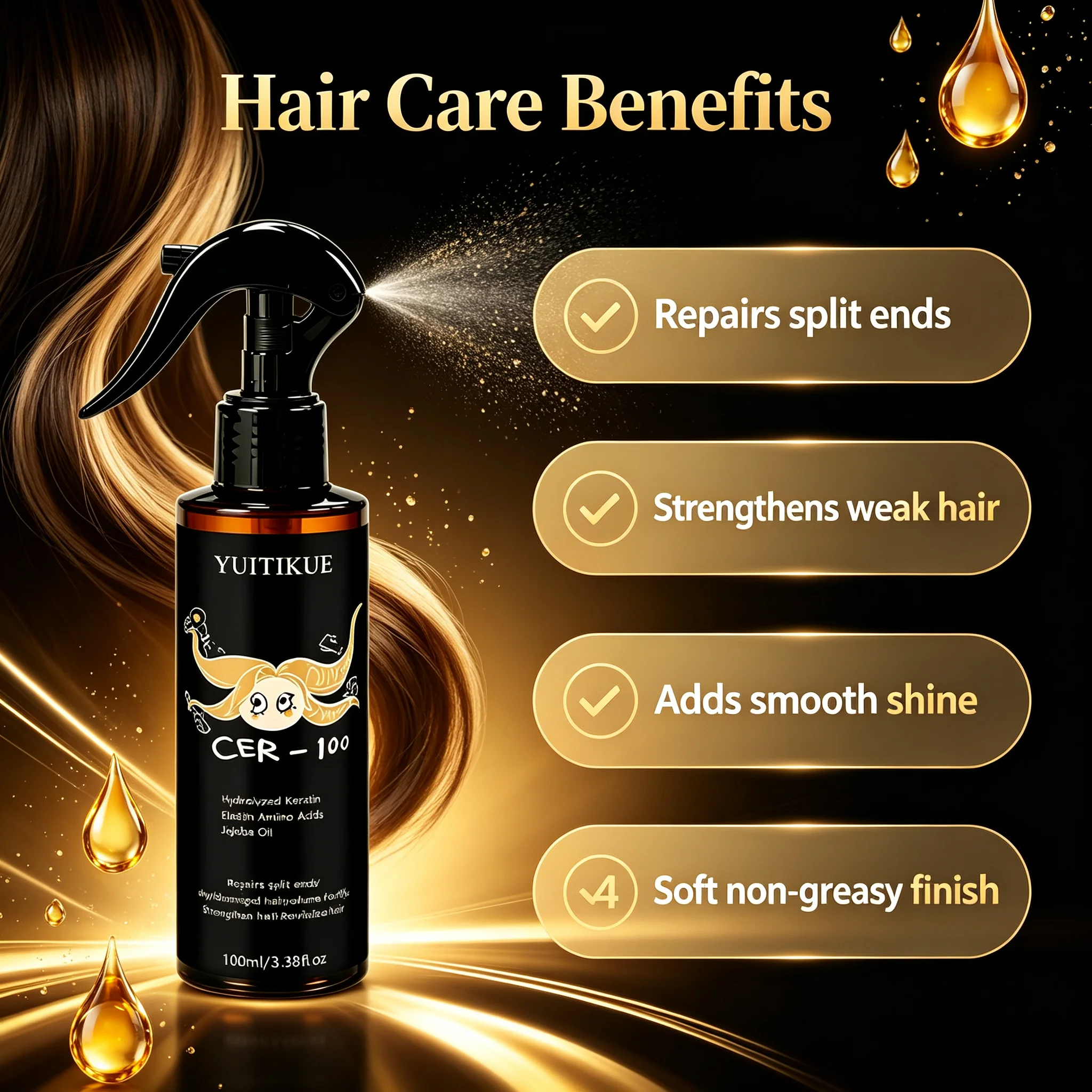 YUITIKUE CER-100 Hair Care Spray Hydrolyzed Keratin Jojoba Oil Repair Split Ends Dry Damaged Hair Strengthen Revitalize Hair