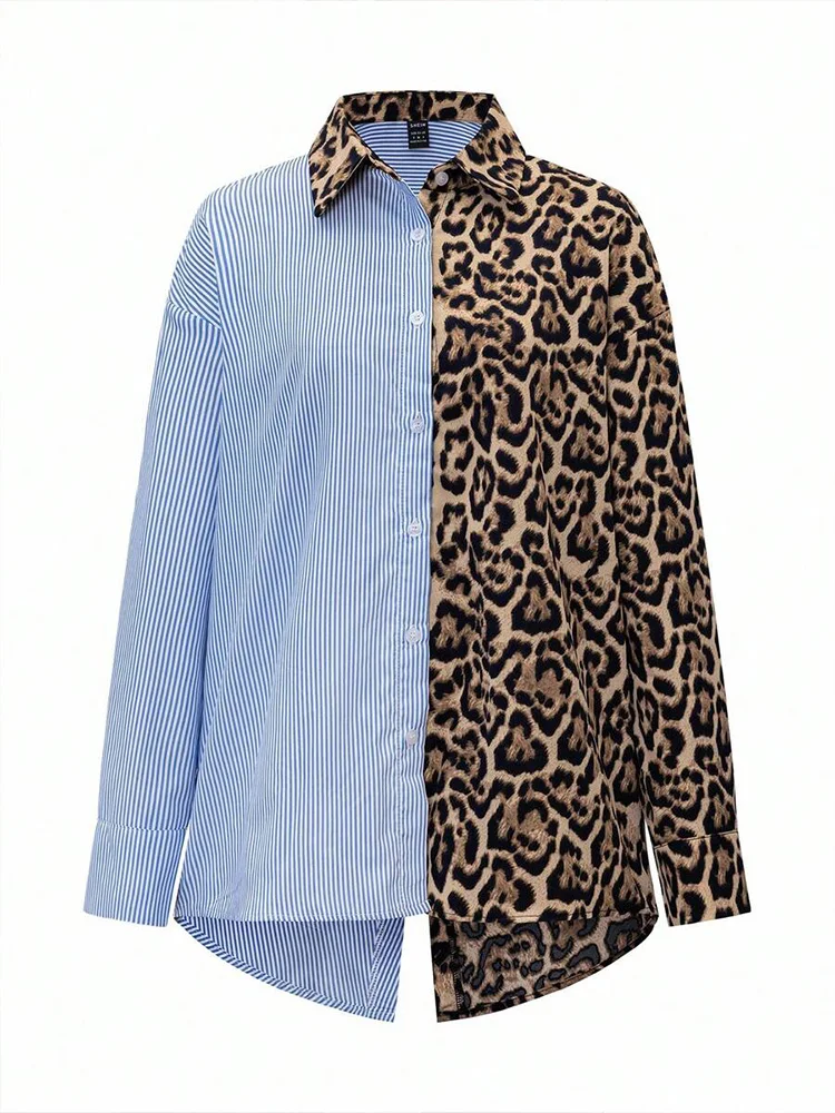 Koszula w panterkę z długim rękawem, patchworkowa, na wiosnę i jesień, luźny i nieregularny krój, uniwersalna do codziennych wyjść i pracy.