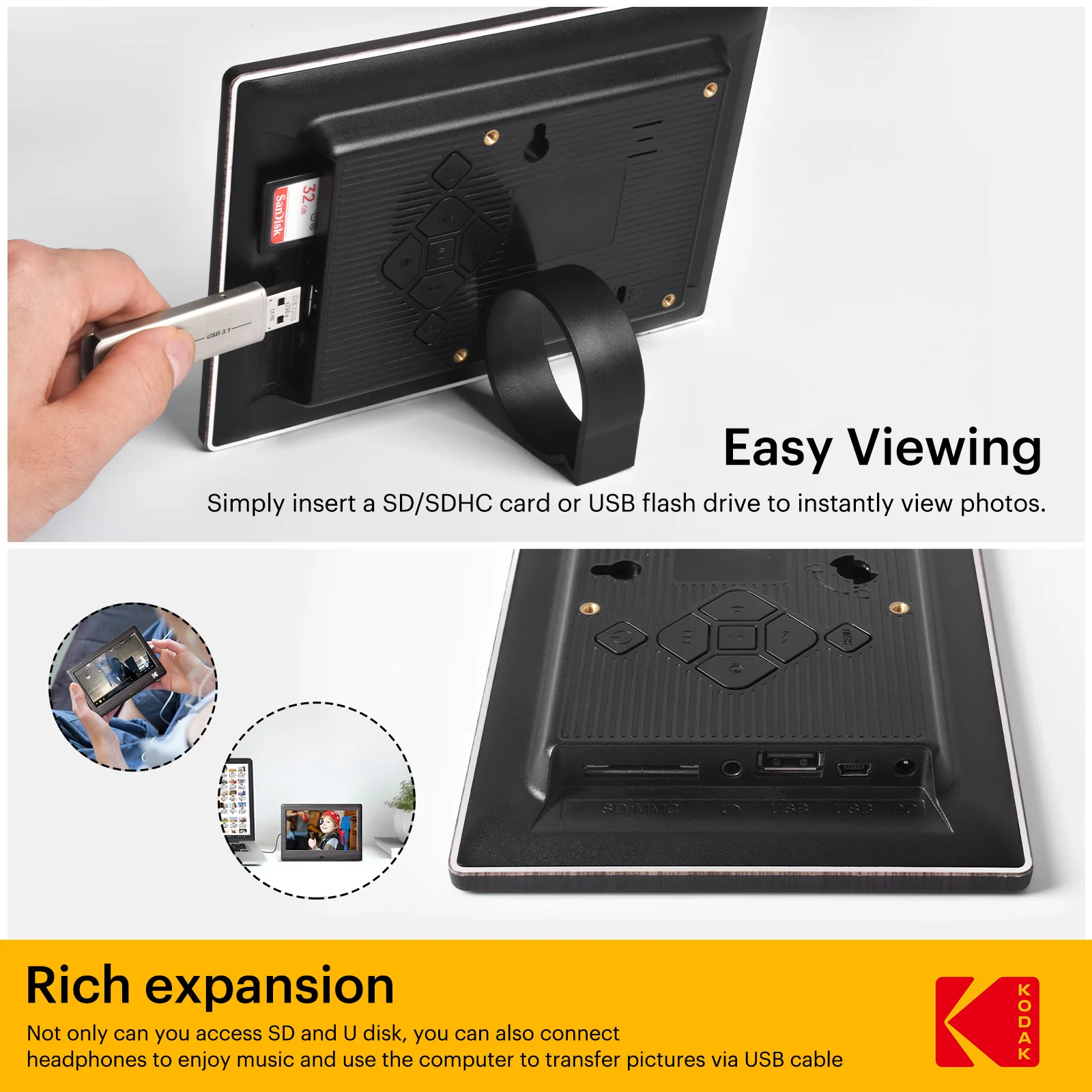 KODAK 7.8 Inch Digital Photo Frame with Remote Control, 1024*600 HD Screen, Electronic Album Video Music Clock Calendar Player