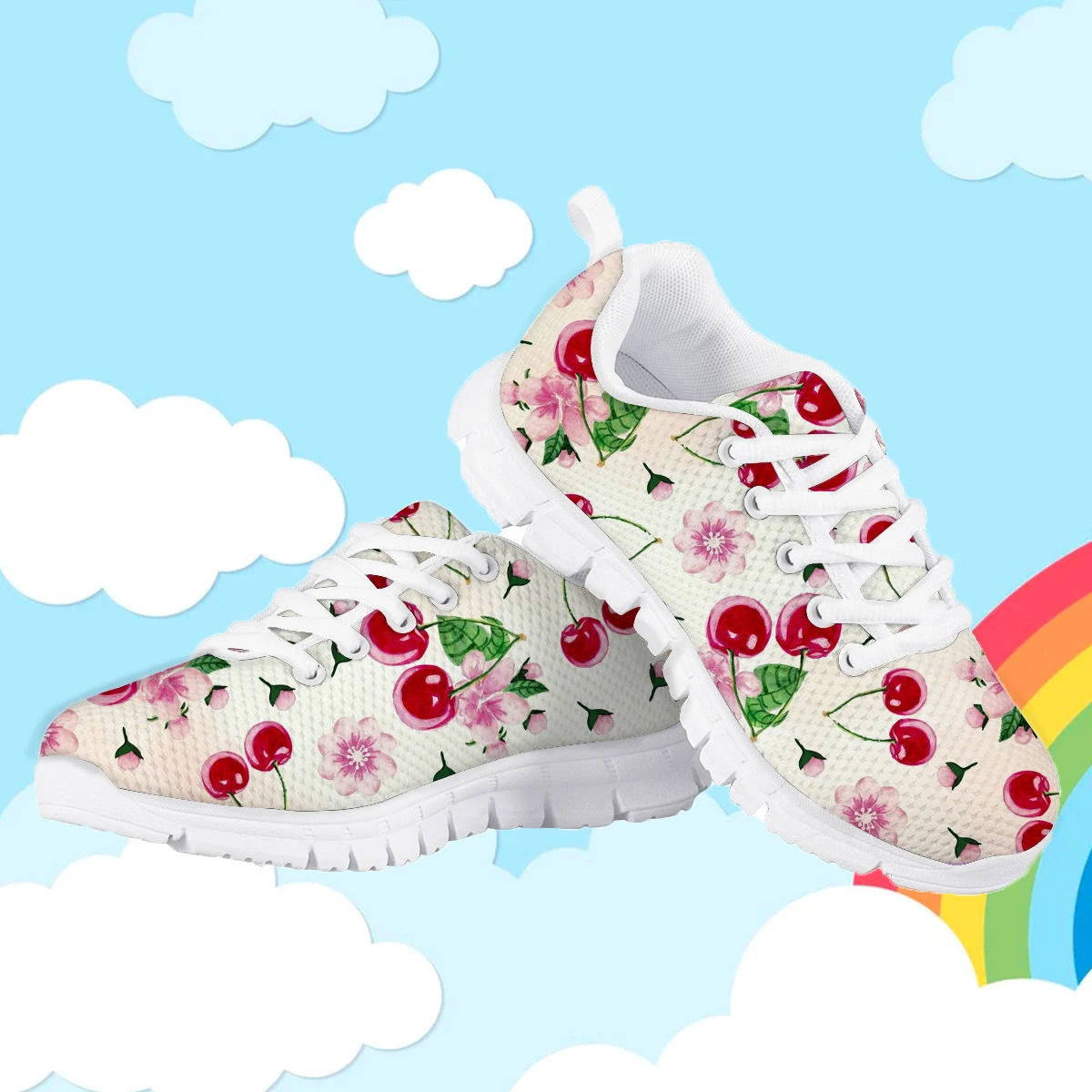 New Arrivals Children Mesh Sneakers Pretty Cherry and Flower Print Teen Girls Boys Flat Shoes Casual Lace up Outdoor Zapatillas