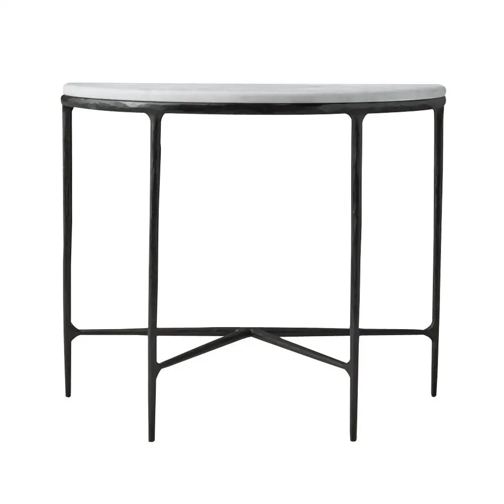 Half moon forged black iron console table with marble top