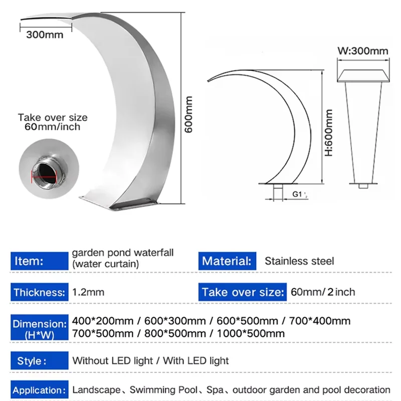60cm RGB Swimming Pool Fountain Stainless Steel Outlet Waterfall SPA Arc Hook Bathtub Outdoor Water Curtain Slapping Equipment
