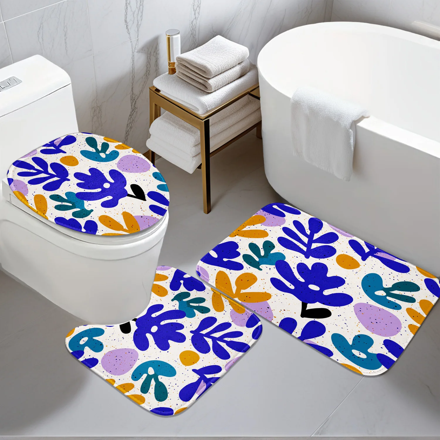 

Hot Bathroom Anti-Slip Mat Set - 3pcs with Blue, Purple & Orange Leaf Pattern 2D Design - Digital Print - Includes Non-Slip Pad