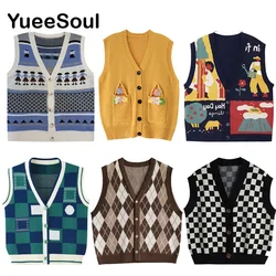 Vintage Cardigan 2023 New Printed Sleeveless Single Breasted Oversized Knitted Vest Women Casual Streetwear Womens Sweater