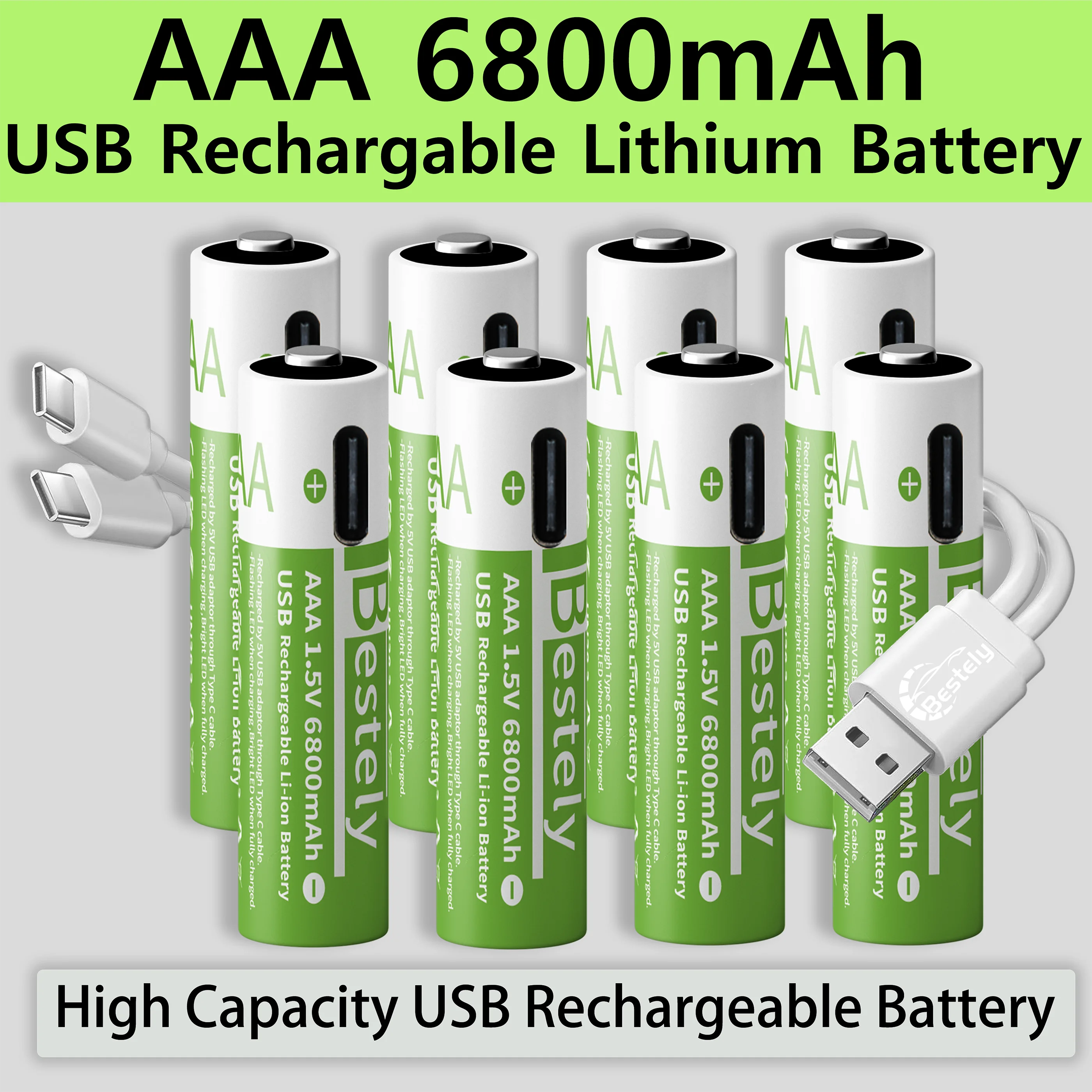New 1.5v AAA 6800mAh High Capacity Rechargeable Lithium Batteries Type-C USB AAA Li-ion Battery 2000 times cycle with free cable