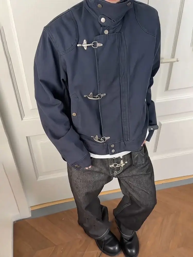 Vintage Airplane Buckle Stand Collar Coat Men Washed Jacket Cropped Oversized Cargo Outerwear Spring Fall Distressed Jacket