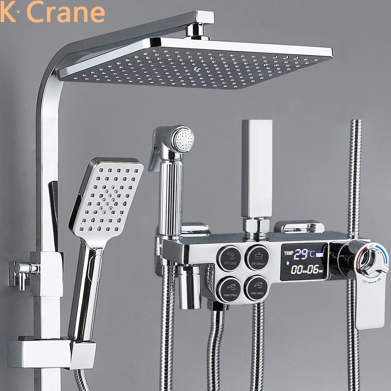 

LED Light Digital Shower Set Bathroom Hot Cold Mixer Thermostatic Bath System Bathtub Wall Mount SPA Rain Fall Tap Faucets Sets