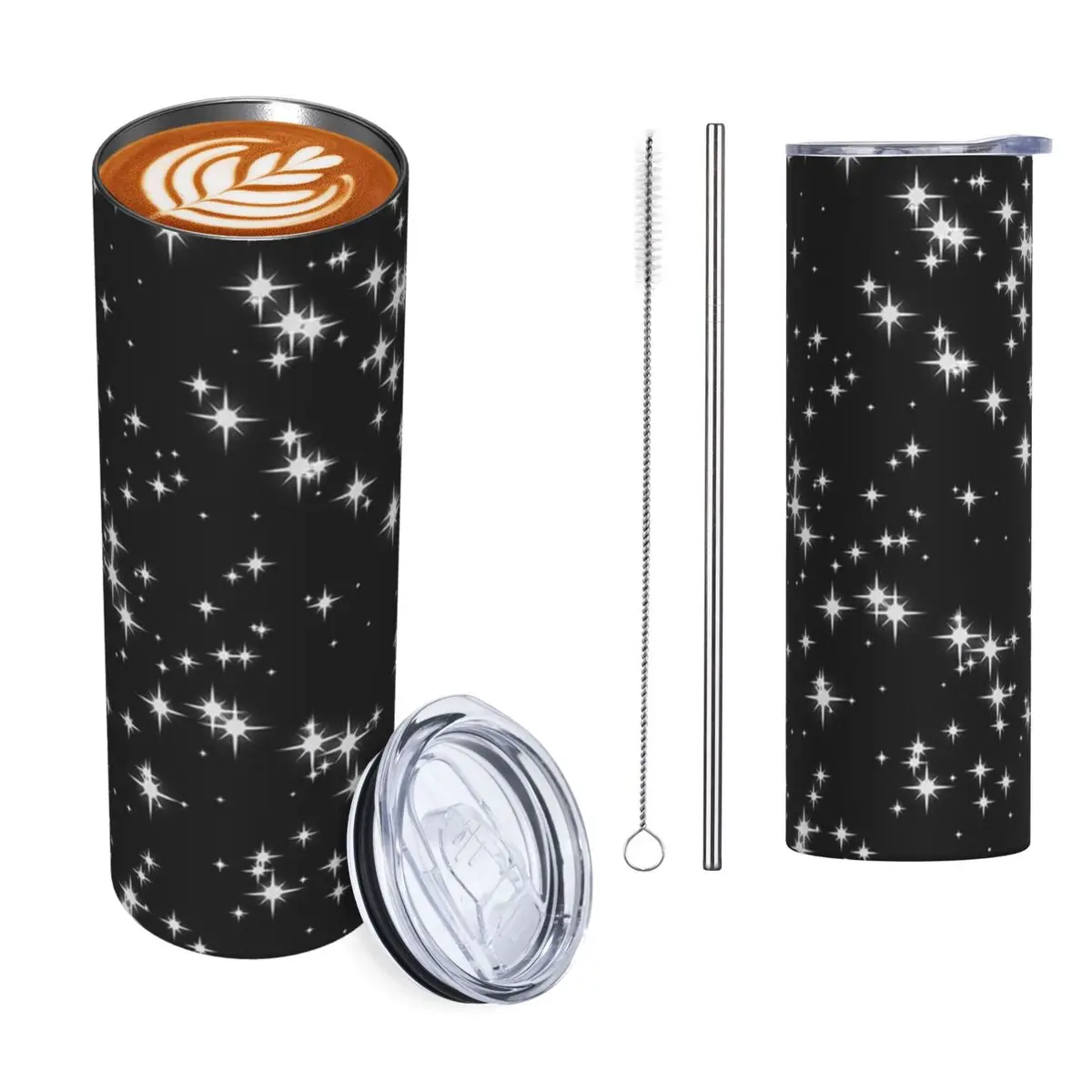 Sparkling Starry Night Effect 4 Stainless Steel Tumbler Vacuum Insulated Mug Thermal Cold Cup Straw With Lid 20oz