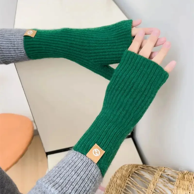 Women's Solid Color Knitted Warm Gloves Simple Outdoor Riding Half Finger Stretch Gloves Touch Screen Open Finger Winter Mittens