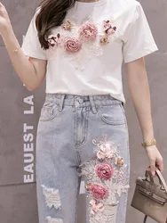 Summer 2 Piece Outfit Fashion Floral Appliques White Cotton T-Shirt And High Waist Flower Embroidery Denim Pants Women's Clothes