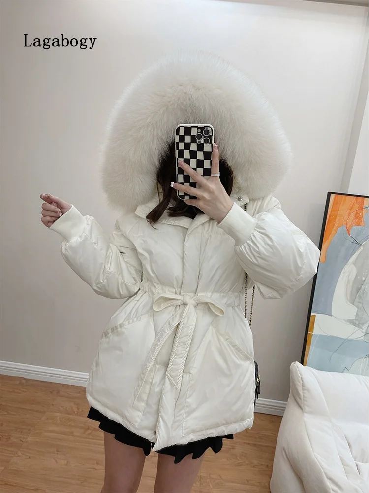 

New Winter Women's Parka Loose Hooded 2023 Large Fur Collar Warm White Duck Down Coat Female Puffer Jacket Snow Outwear