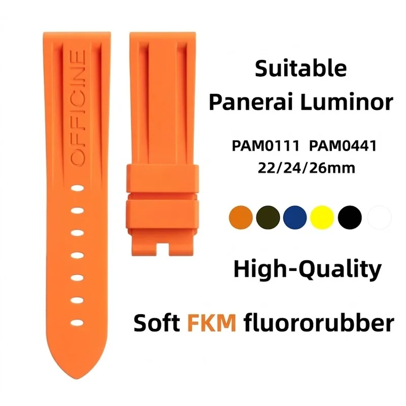 Premium FKM Fluororubber Strap for Panerai Luminor PAM111 441 22-26mm Orange Flat End Soft Waterproof Men Replacement Watch Band