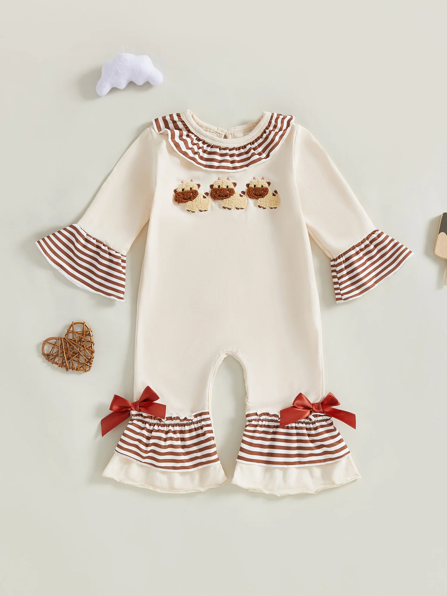 

Toddler Girl Autumn Romper with Cute Animal Embroidery and Striped Print Long Sleeve Ruffled Jumpsuit with Round Neckline