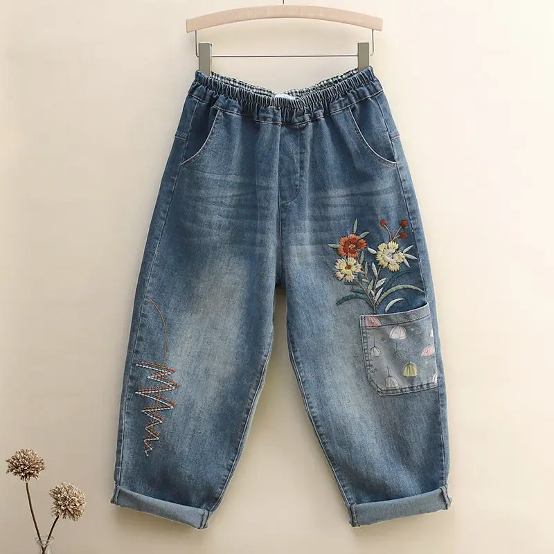 

Women Stretch Jeans Floral Pocket Embroidery Design Vintage Harem Pants Female Elastic Waist Thin Spring Autumn Fashion Trouser