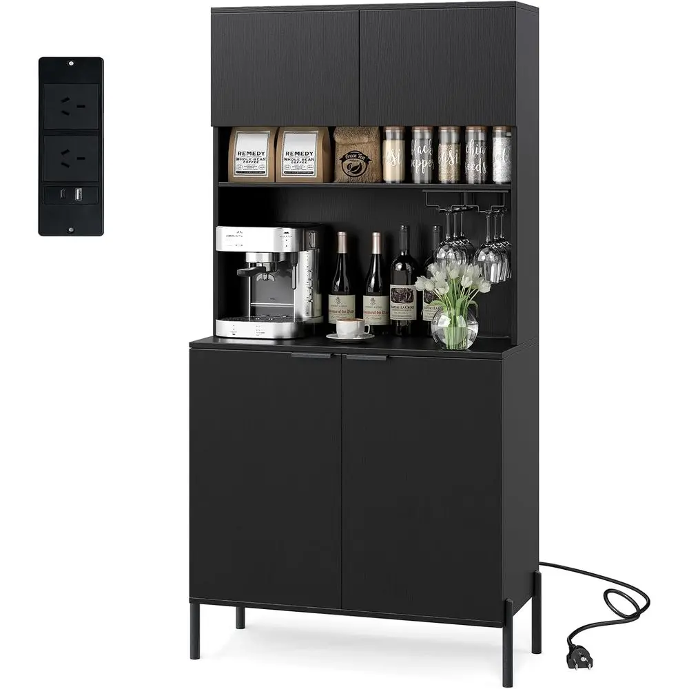 

Black 64.5 Tall Kitchen Pantry Cabinet with Charging Station, Adjustable Shelves, Wine Racks, Ideal for Dining or Living Rooms