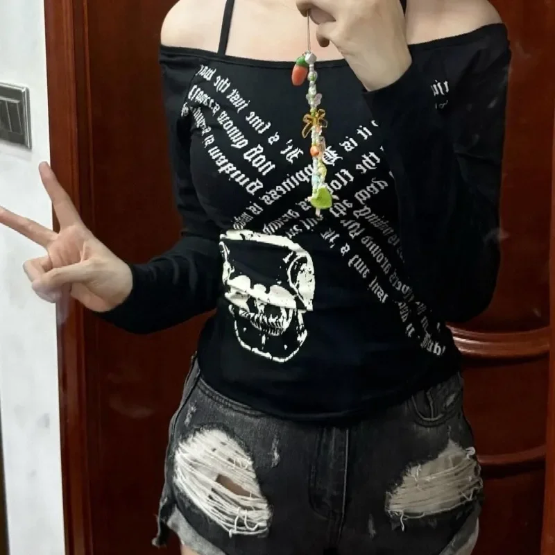

Oversize American Off Shoulder Halter T-shirts Y2k Slim Fit Letter Print Top for Women 2025 Early Autumn New Black Tee Shirt