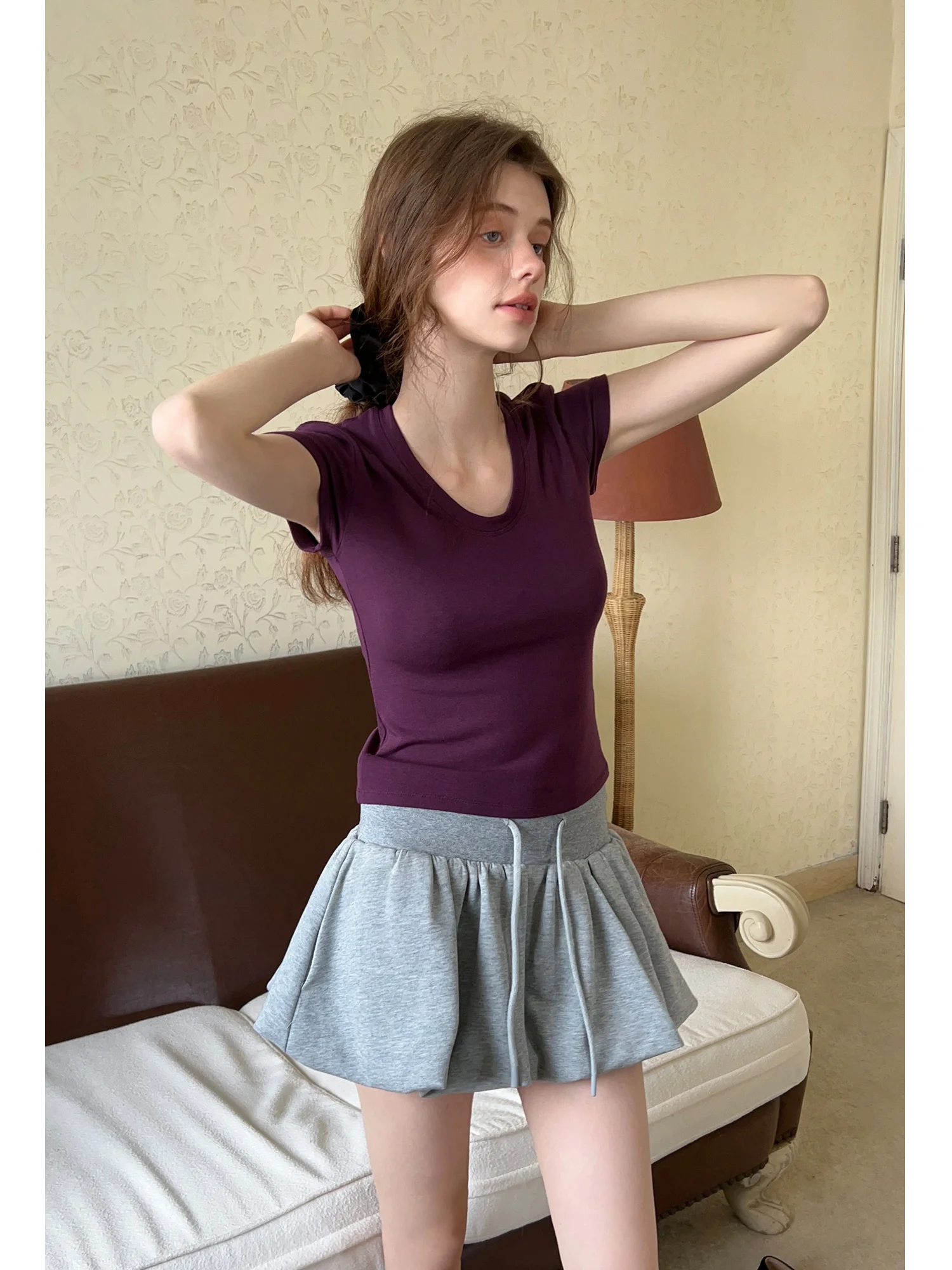 

Eggka Light ey Dstring High Waist Casual Sports Flower Bud ort Skirt Women Summer Korean Version Meat Concealing Skirt