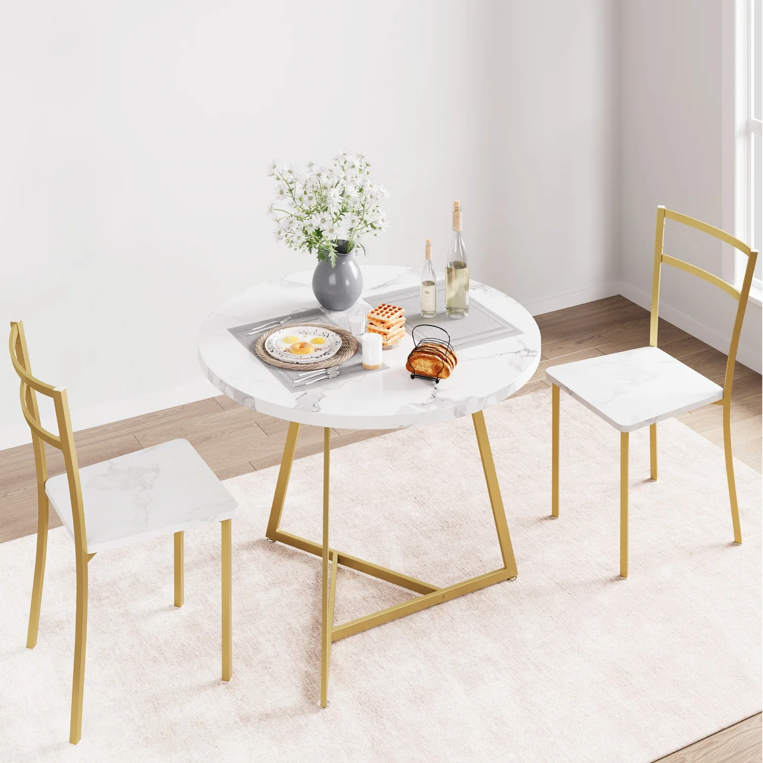 Round Dining Table Set for 2,  Dining Table with 2 Upholstered Chairs, , 3 Pcs Kitchen Table Set for Small Space, Apartment