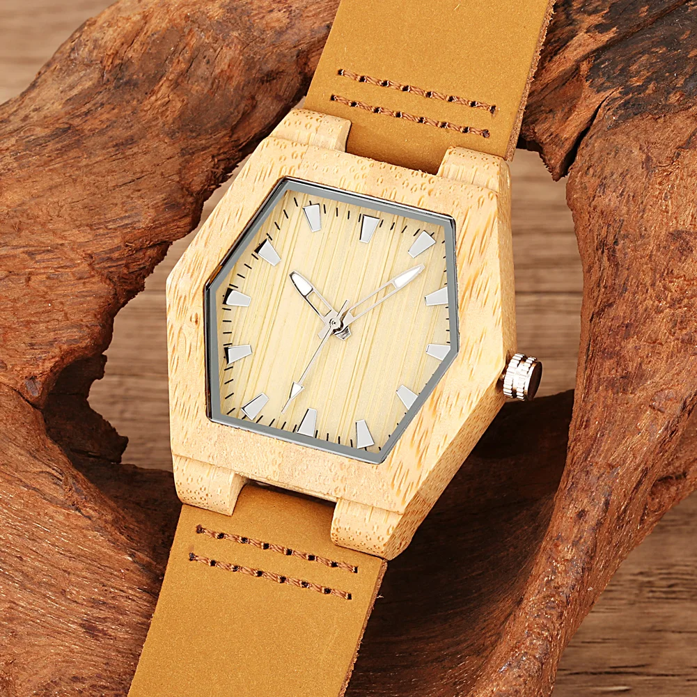 Natural Wood Women\'s Quartz Genuine Leather Band Wristwatch Creative Hexagon Shaped Watch Case Elegant Stylish Ladies Watches