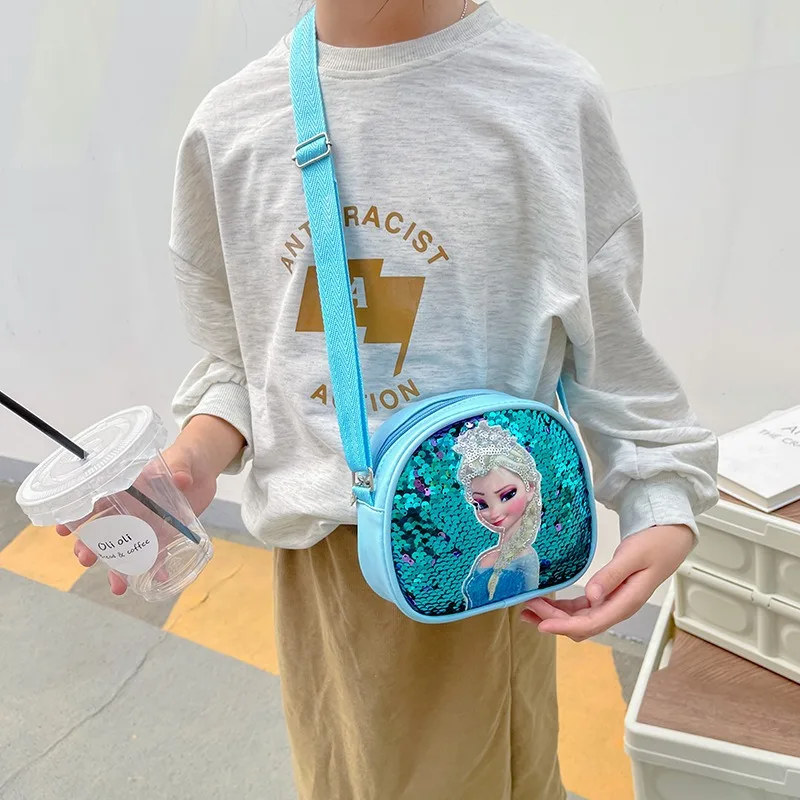 Disney New Princess Series Crossbody Bags Frozen 2 Elsa Sofia Cartoon Shoulder Bag for Girls Fashion Sequins Handbags Kids Gifts