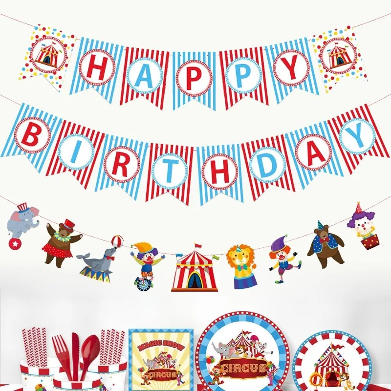 Carnival Circus Birthday Party Banner Decorations Circus Happy Kid Birthday Banner Hanging Amusement Park Circus Bunting Banner