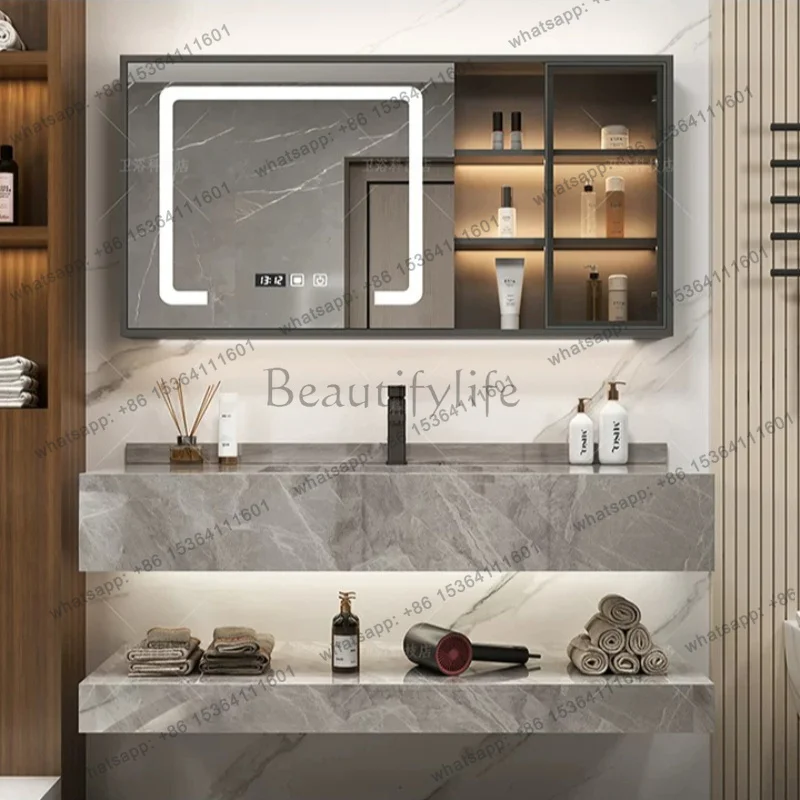 

Modern Bathroom Vanity with Grey Sintered Stone Integrated Basin and Smart LED Mirror Cabinet for Home Bathroom furniture