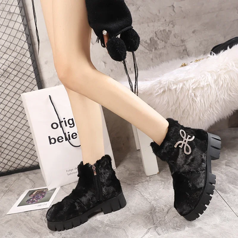 Womens Real Mink Fur Ankle Boots Rhinestones Crystal Shoes Warm Winter Snow Thick Rainbow Colors New 2024