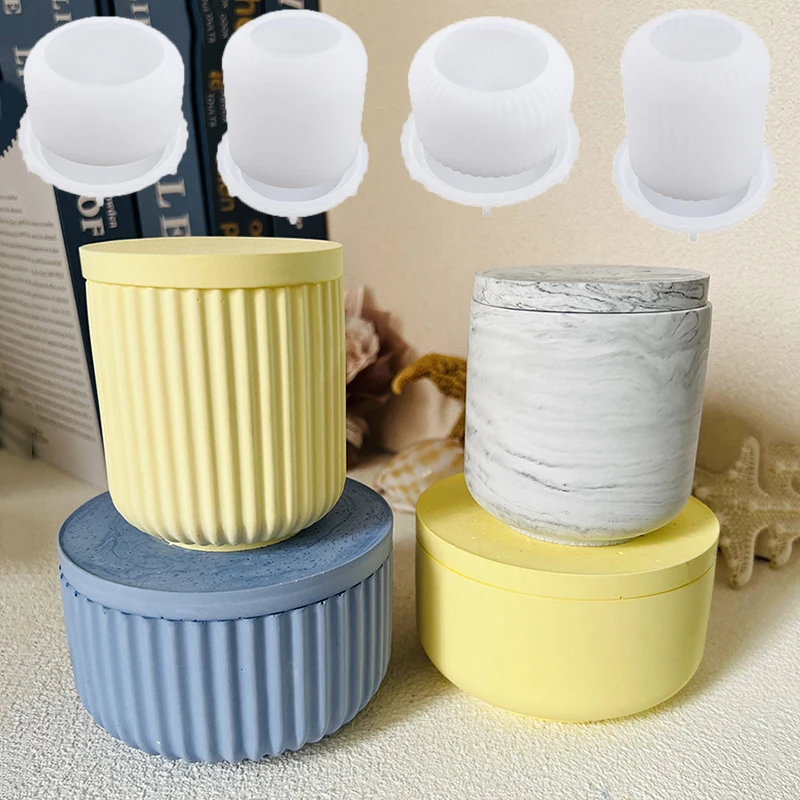 

Cement Candle Jar Silicone Mold with Lid Simple Round Striped Concrete Storage Jar Mold Epoxy Resin Pen Holder Flowerpot Mold
