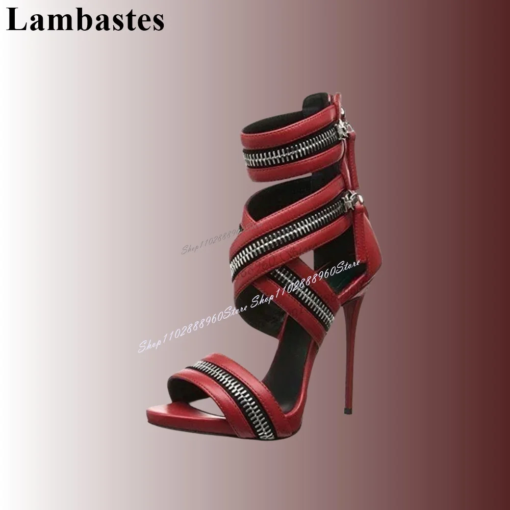 

Sexy Red Matte Leather Zipper Decor Sandals Stilettos High Heel Women Shoes Back Zipper Open Toe 2023 Fashion Zapatillas Mujer