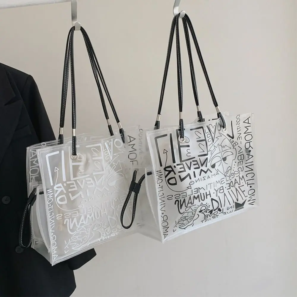 Creative Graffiti Transparent Tote Bag Large Capacity Portable Shoulder Bag PVC Waterproof Jelly Clear Bag Women