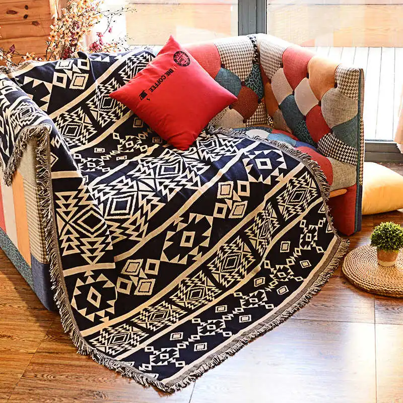 Geometric Throw Blanket with Tassel For Sofa Bed 130x180cm Cotton Thicken Crocheted Jacquard Decorative Sofa Cover Floor Carpet