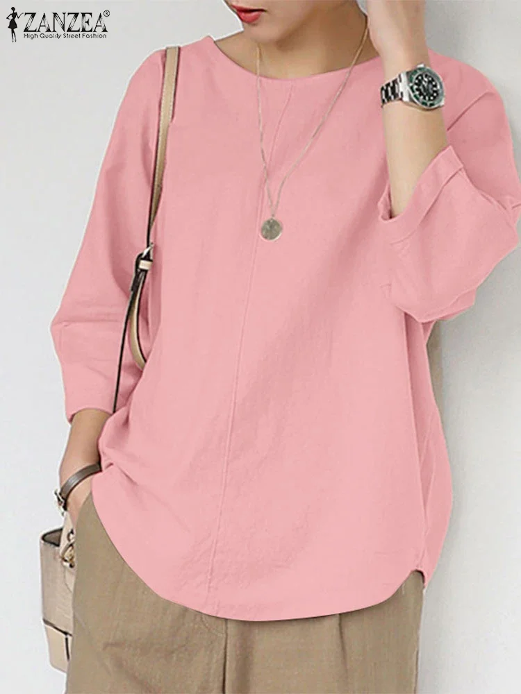 

Women Elegant 3/4 Sleeve Solid Work Blouse 2025 ZANZEA Summer Tops Tunic Casual Loose Cotton Shirt Female O Neck Blusas Oversize
