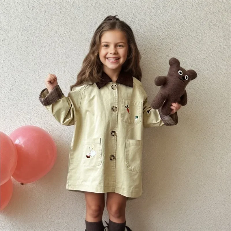 Darcoo Baby Girl Embroidery Trench Cotton Infant Toddler Kid Windbreak Jacket Autumn Spring Child Dust Coat Baby Clothes 1-7Y