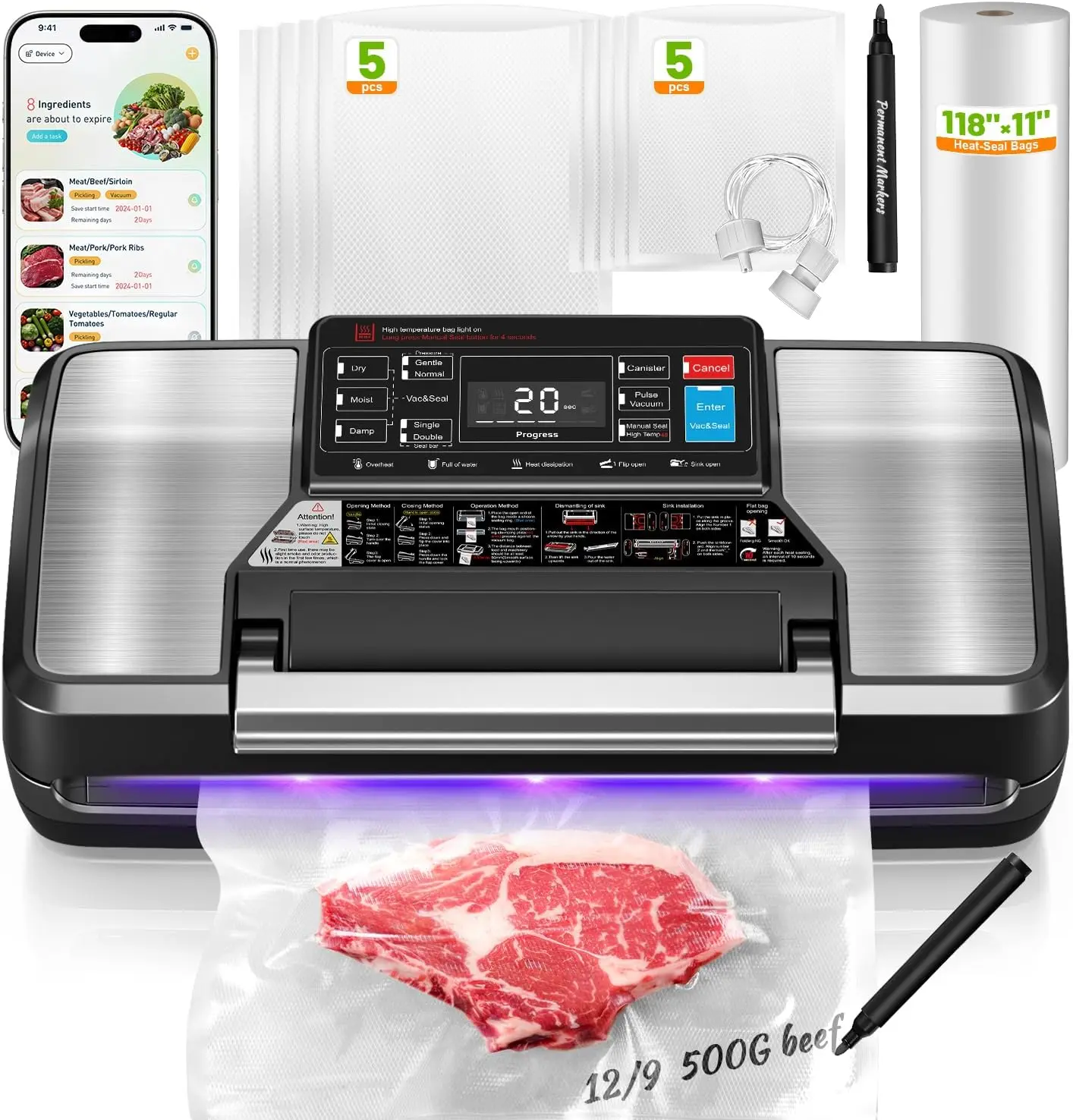 

95Kpa Food Vacuum Sealer with App Control, 12-in-1 Functions, Double Seal & Accessories