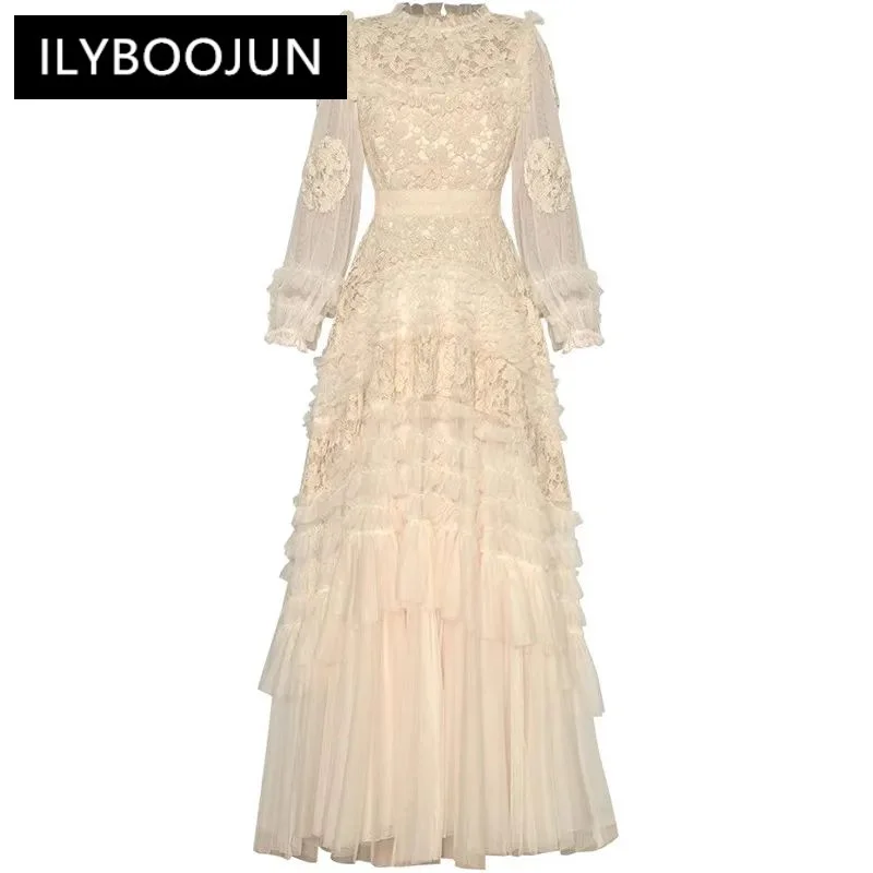 

ILYBOOJUN Vintage Women's Ball Gown Dress Lantern Sleeved Hook flower hollow Mesh Hollow Out Flounced Edge Big Swing Dresses