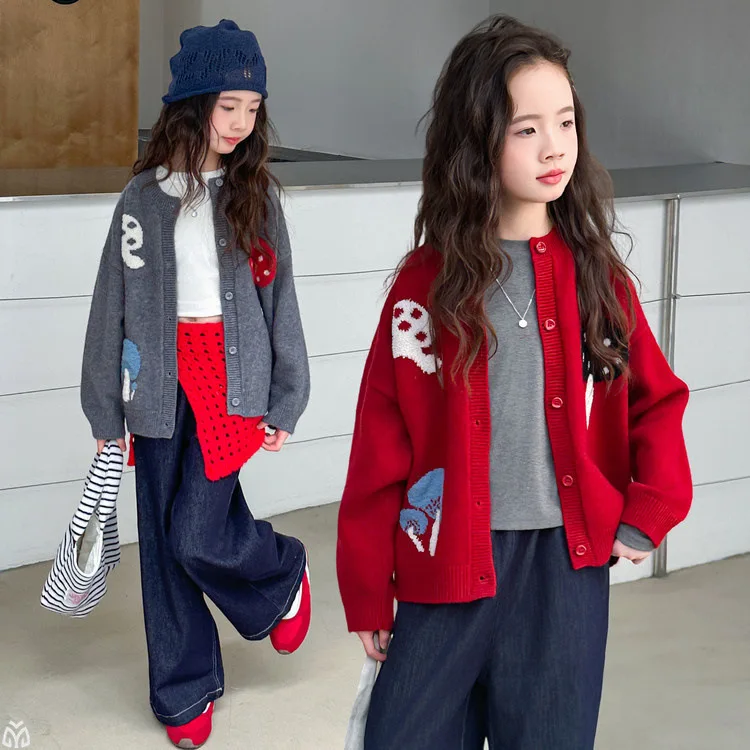 

Осенне-зимний корейский свитер с героями мультфильмов для девочек-подростков 4–14 лет, кардиган, красный, серый, теплые вязаные свитера для младших детей, пальто, одежда для детей