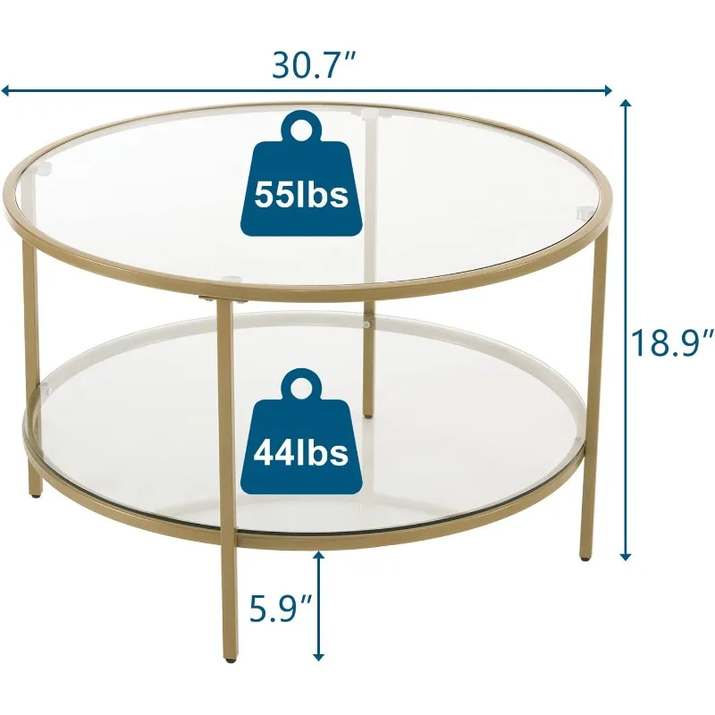 거실용 유리 커피 테이블, 원형 샴페인 골드 커피 테이블, 2 단 유리 탑 커피 테이블, 30 인치
