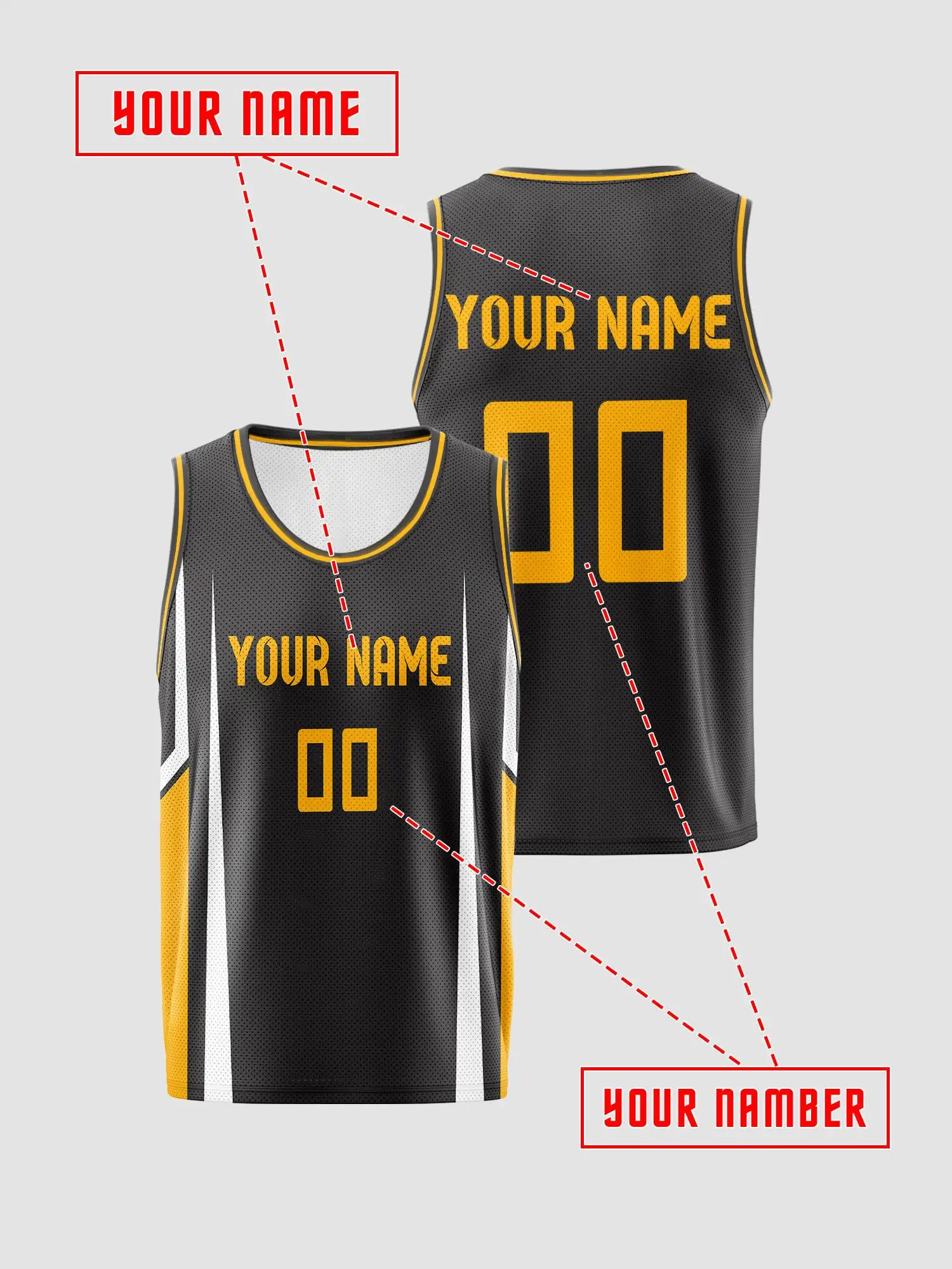 Kids Black‑Yellow Color Block Custom Basketball Jersey Set, Personalized Name Number, Breathable Mesh Youth Team Uniform