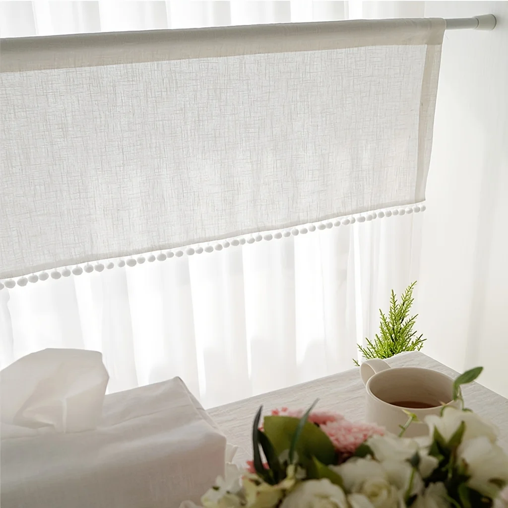 1Pc Cross Gauze Ball Short Curtain, Bohemian Pastoral Style Plain Rod Half Curtain, Restaurant Kitchen Semi-Blackout Cross Pattern Gauze Curtain Partition Decorative Coffee Curtain
