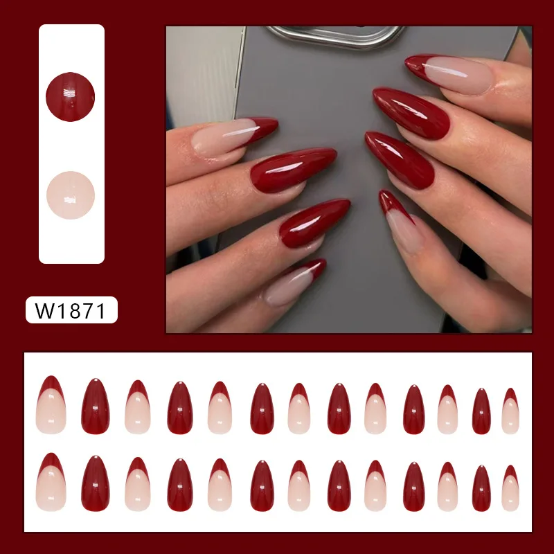 

24pcs French Press-On Nails-Anchora Red Solid Color Long Almond Vintage Romance Style False Nails Detachable Finished Nail Tips