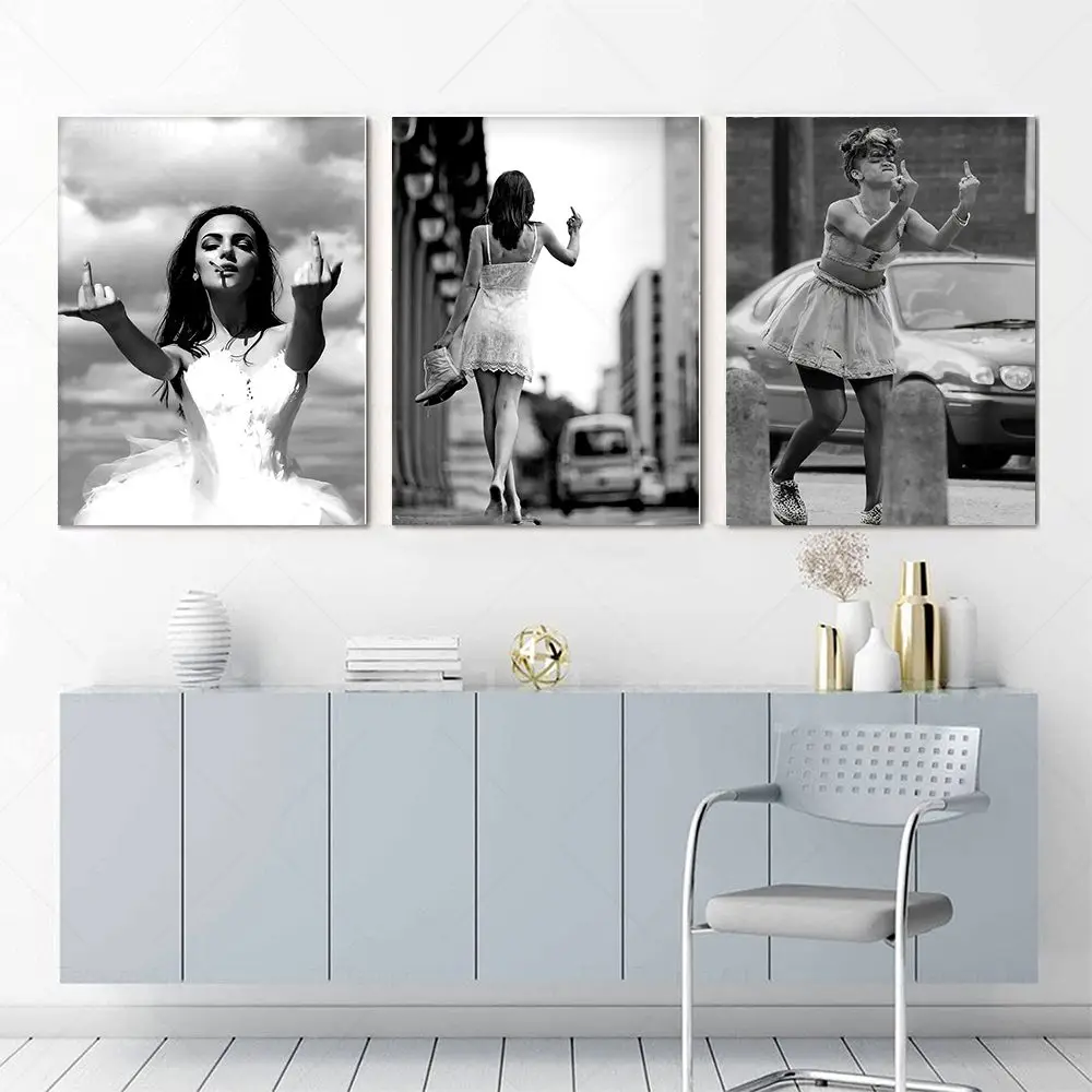 Fashion Black White Photography Poster Sexy Woman Middle Finger Feminist Canvas Painting Wall Art Pictures for Living Room Decor