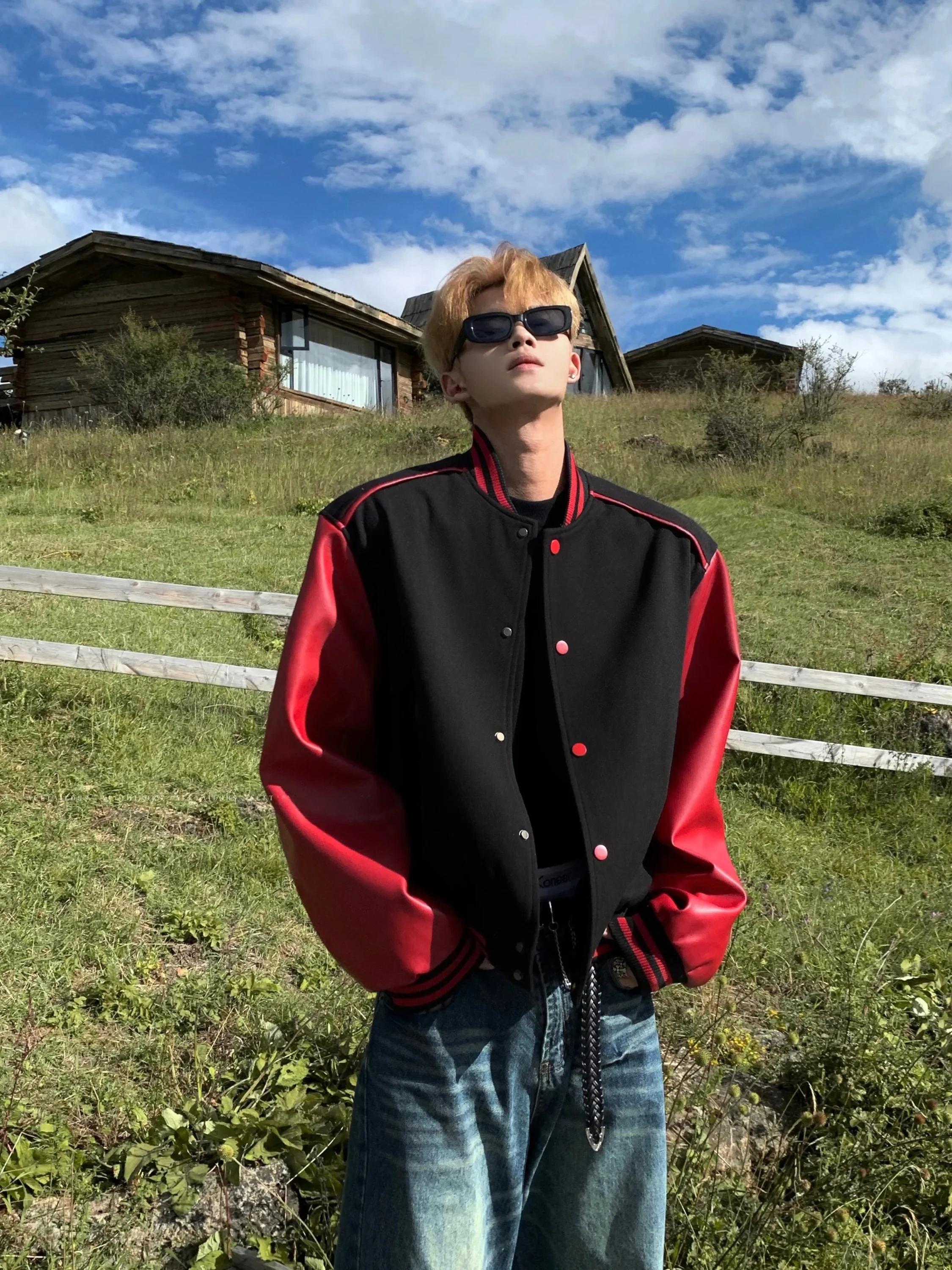 Ace American High Street Heavyweight Embroidered Baseball Jacket Men's Trendy Vintage Color Block Leather Loose Motorcycle Coat
